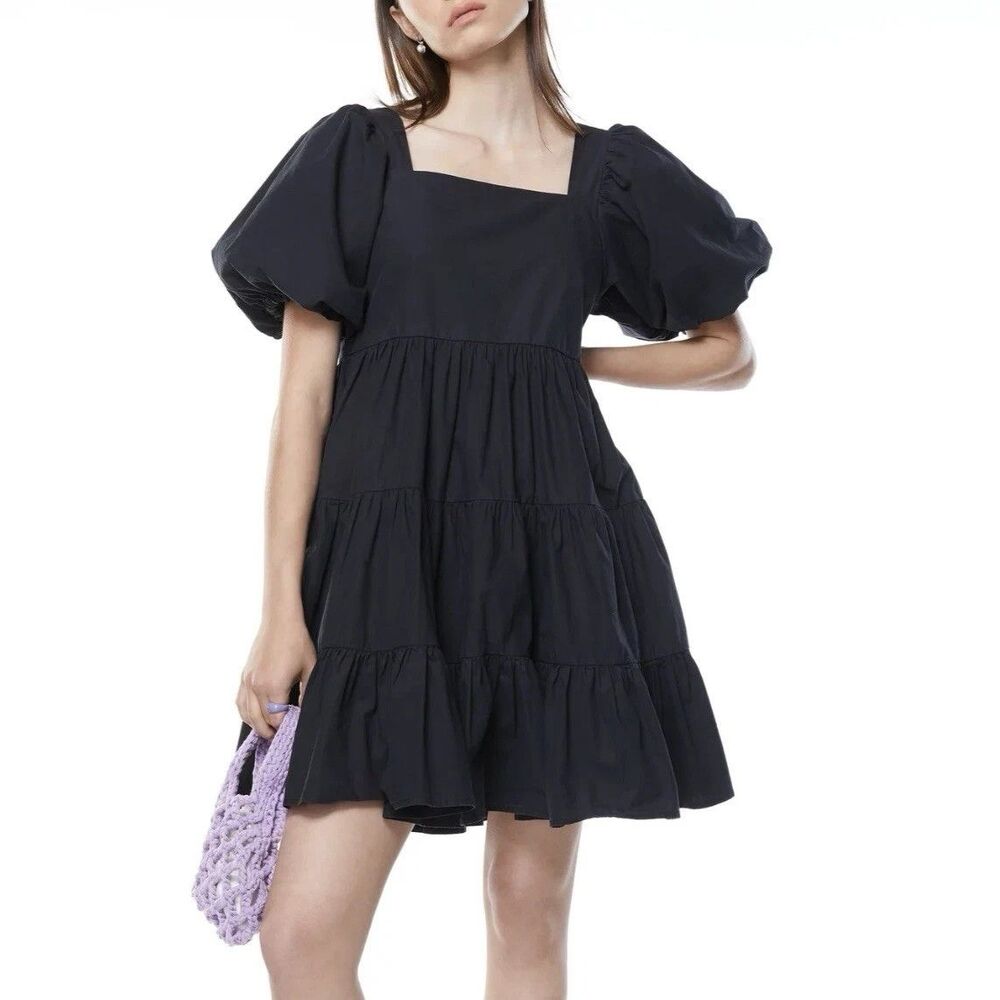 OAK + FORT Puff Sleeve Cotton Black Mini Dress Size Medium Luxury Ruffled READ!
